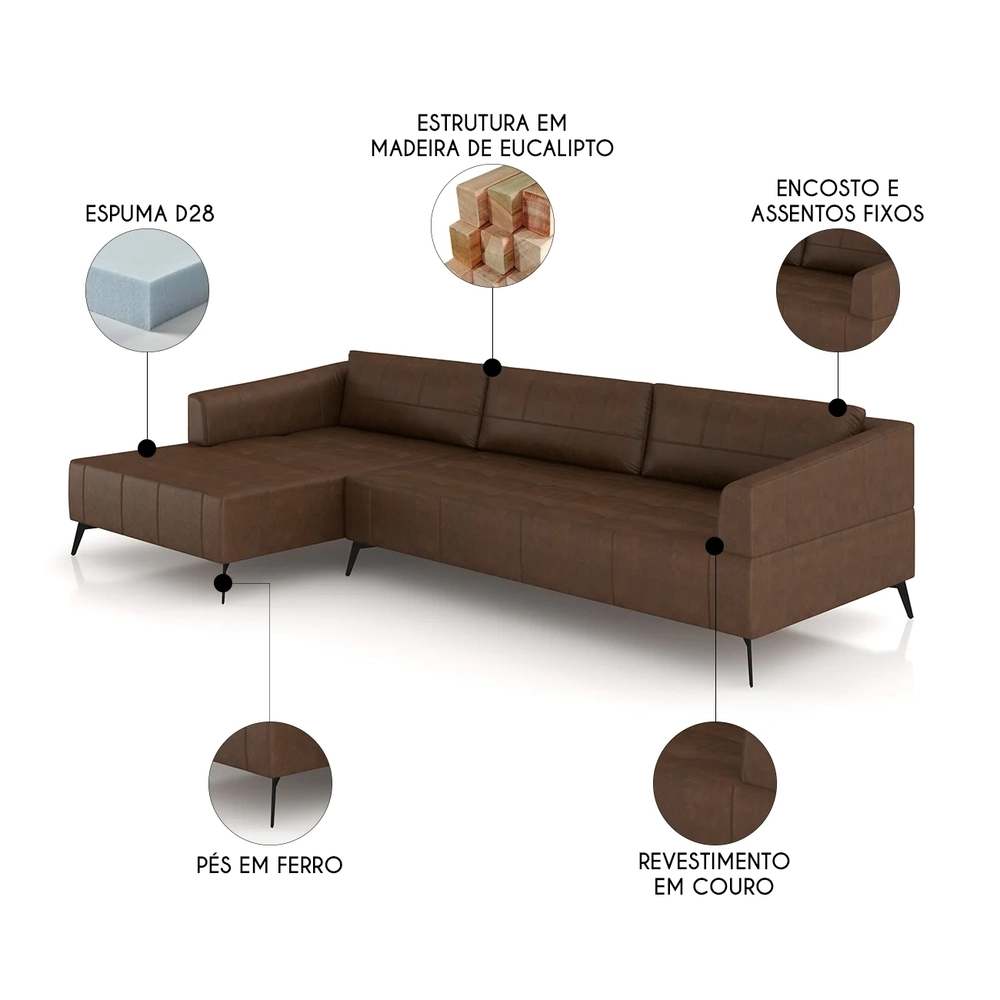 Sofá 5 Lugares 326cm Com Chaise Esquerdo Eko Couro Caramelo Z55 - Mpozenato