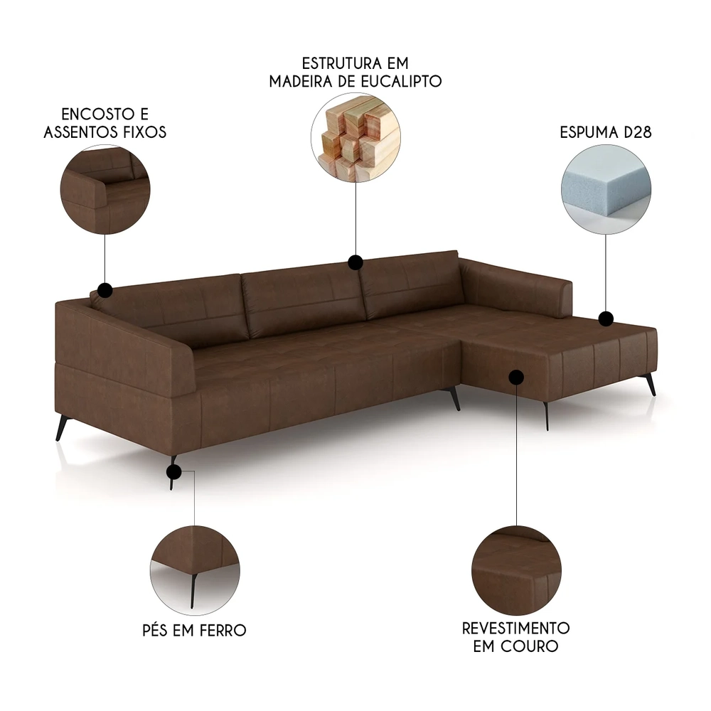 Sofá 4 Lugares 286cm Com Chaise Direito Eko Couro Caramelo Z55 - Mpozenato