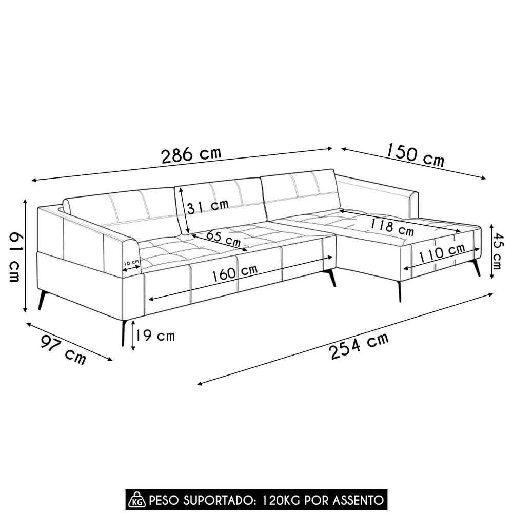 Sofá 4 Lugares 286cm Com Chaise Direito Eko Couro Bege Z55 - Mpozenato