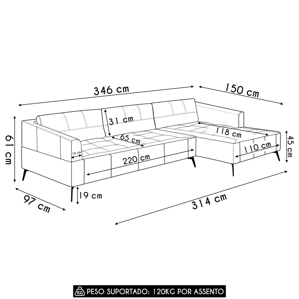 Sofá 5 Lugares 346cm Com Chaise Direito Eko Couro Caramelo Z55 - Mpozenato