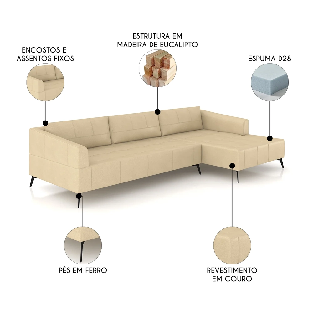 Sofá 5 Lugares 326cm Com Chaise Direito Eko Couro Bege Z55  - Mpozenato