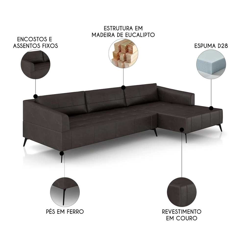 Sofá 5 Lugares 366cm Com Chaise Direito Eko Couro Bordô Z55 - Mpozenato