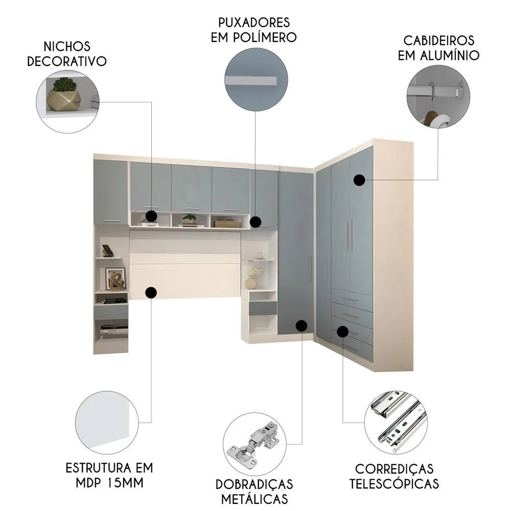 Guarda Roupa Casal Modulado CP09 Taiga Branco/Grey L01 - Mpozenato
