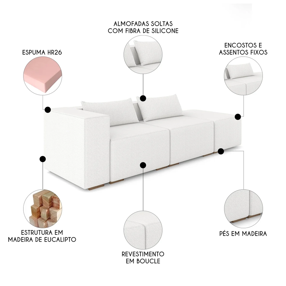 Sofá 4 Lugares 323cm Com Puff Direito Fay Bouclê Branco Z55  - Mpozenato