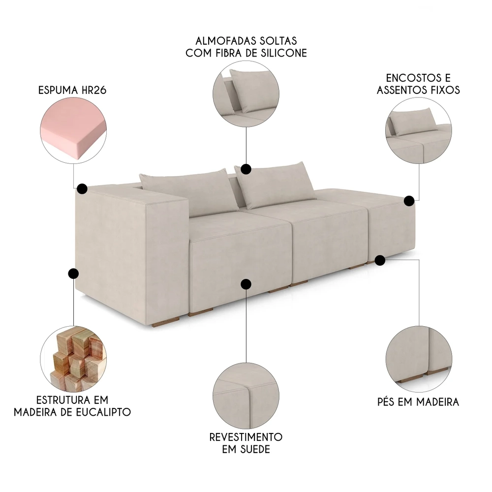 Sofá 5 Lugares 343cm Com Puff Direito Fay Suede Bege Z55    - Mpozenato