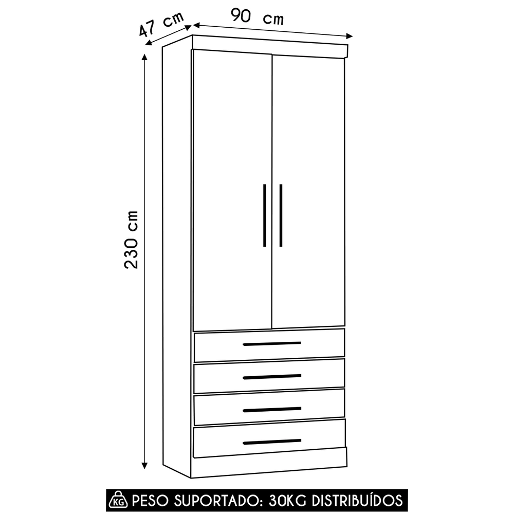 Guarda Roupa Modulado 90cm 2 Portas 4 Gavetas Taiga Branco/Grey L01 - Mpozenato
