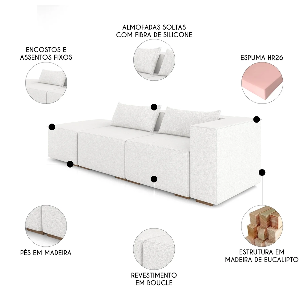Sofá 5 Lugares 343cm Com Puff Esquerdo Fay Bouclê Branco Z55  - Mpozenato