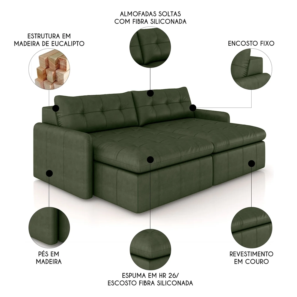 Sofá Retrátil 3 Lugares Para Sala 204cm Elios Couro Verde Z55 - Mpozenato