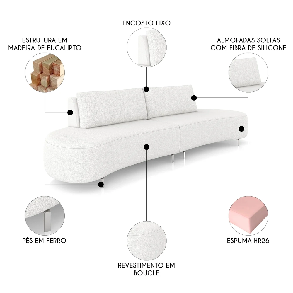 Sofá 3 Lugares 180cm Orgânico Pé Ferro Nagai Bouclê Branco Z55 - Mpozenato