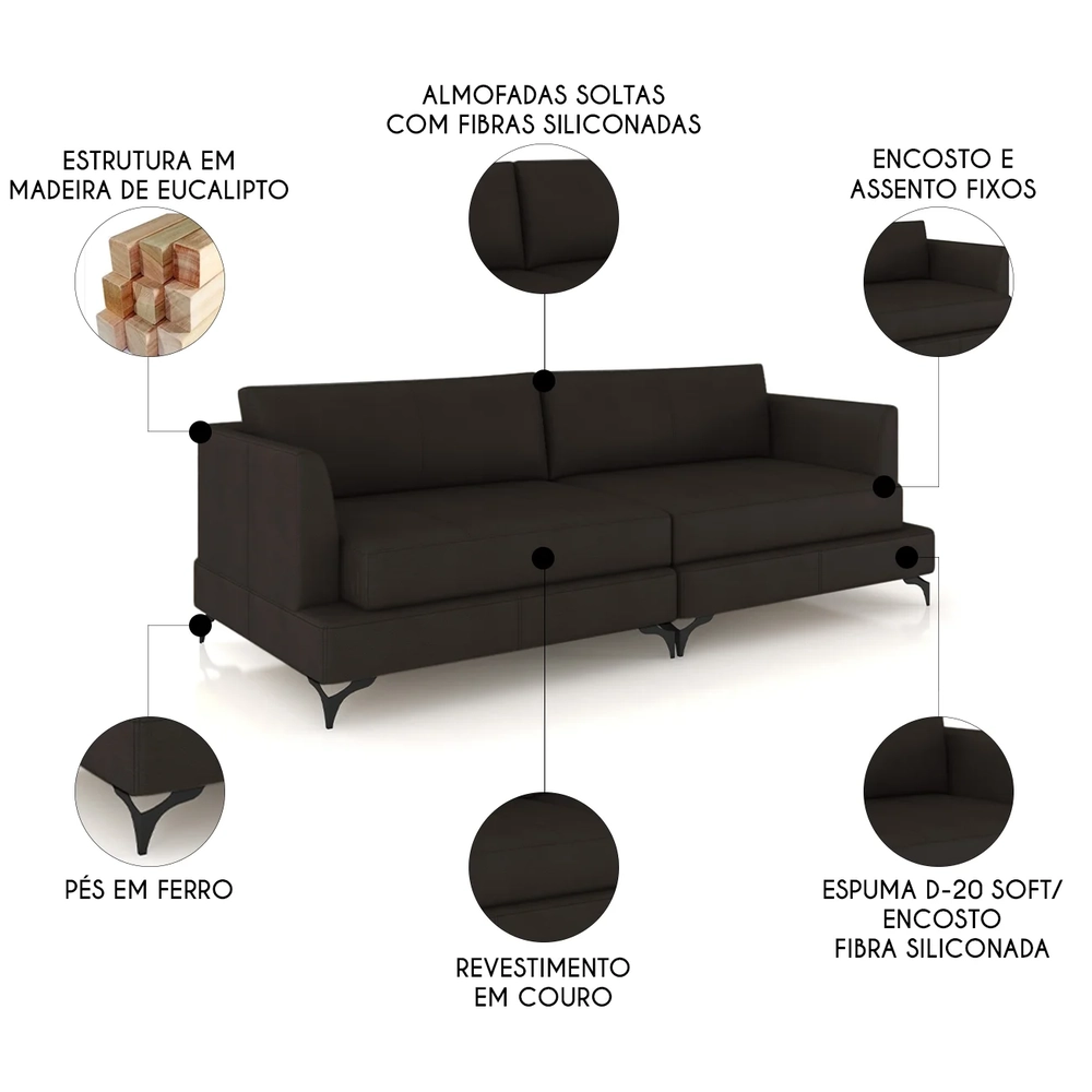 Sofá 2 Lugares Living 190cm Pé Ferro Soren Couro Marrom Z55 - Mpozenato