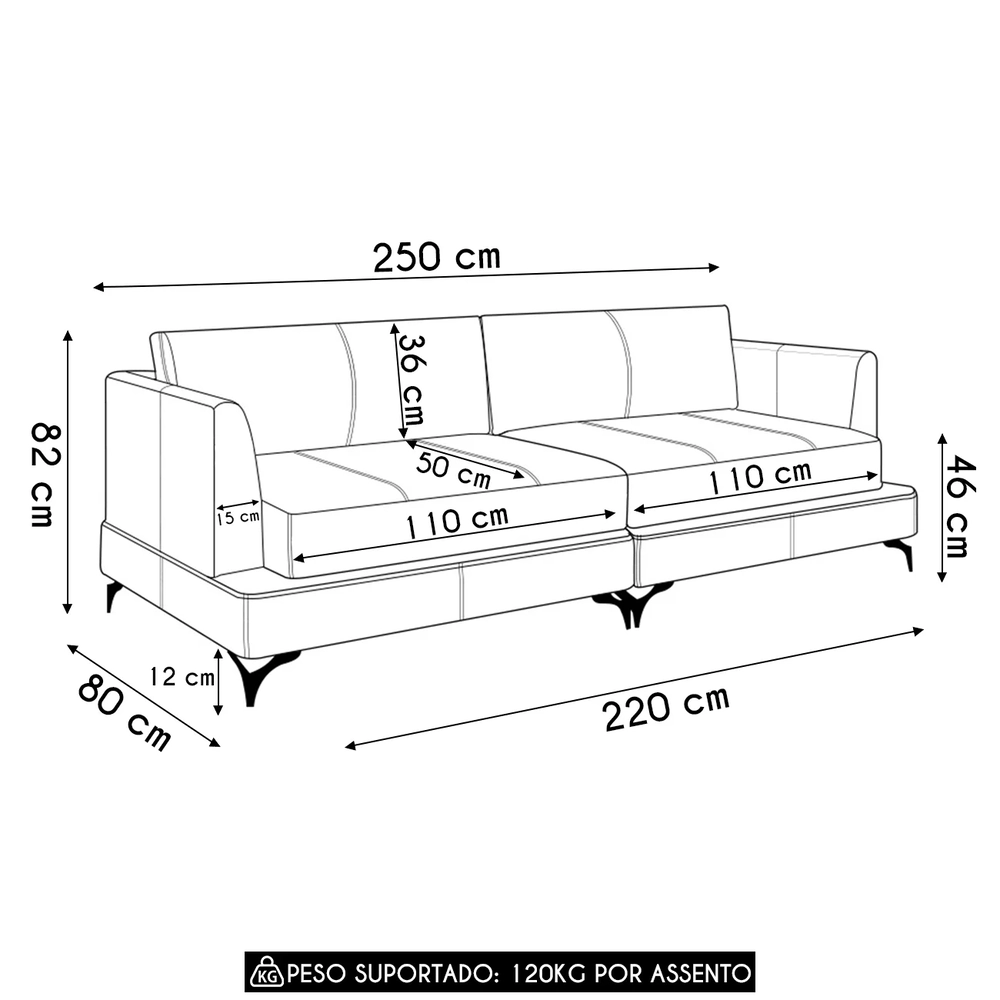 Sofá 3 Lugares Living 250cm Pé Ferro Soren Couro Marrom Z55 - Mpozenato