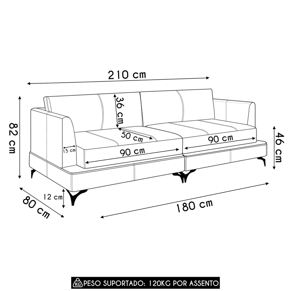 Sofá 3 Lugares Living 210cm Pé Ferro Soren Couro Marrom Z55 - Mpozenato