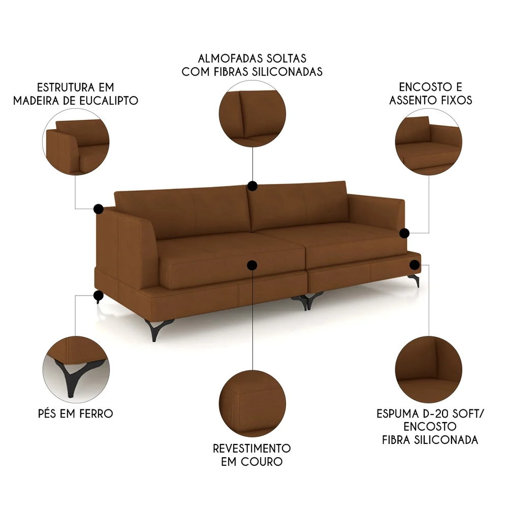 Sofá 3 Lugares Living 230cm Pé Ferro Soren Couro Telha Z55 - Mpozenato