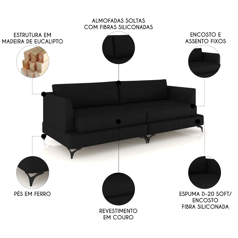 Sofá 3 Lugares Living 210cm Pé Ferro Soren Couro Preto Z55 - Mpozenato