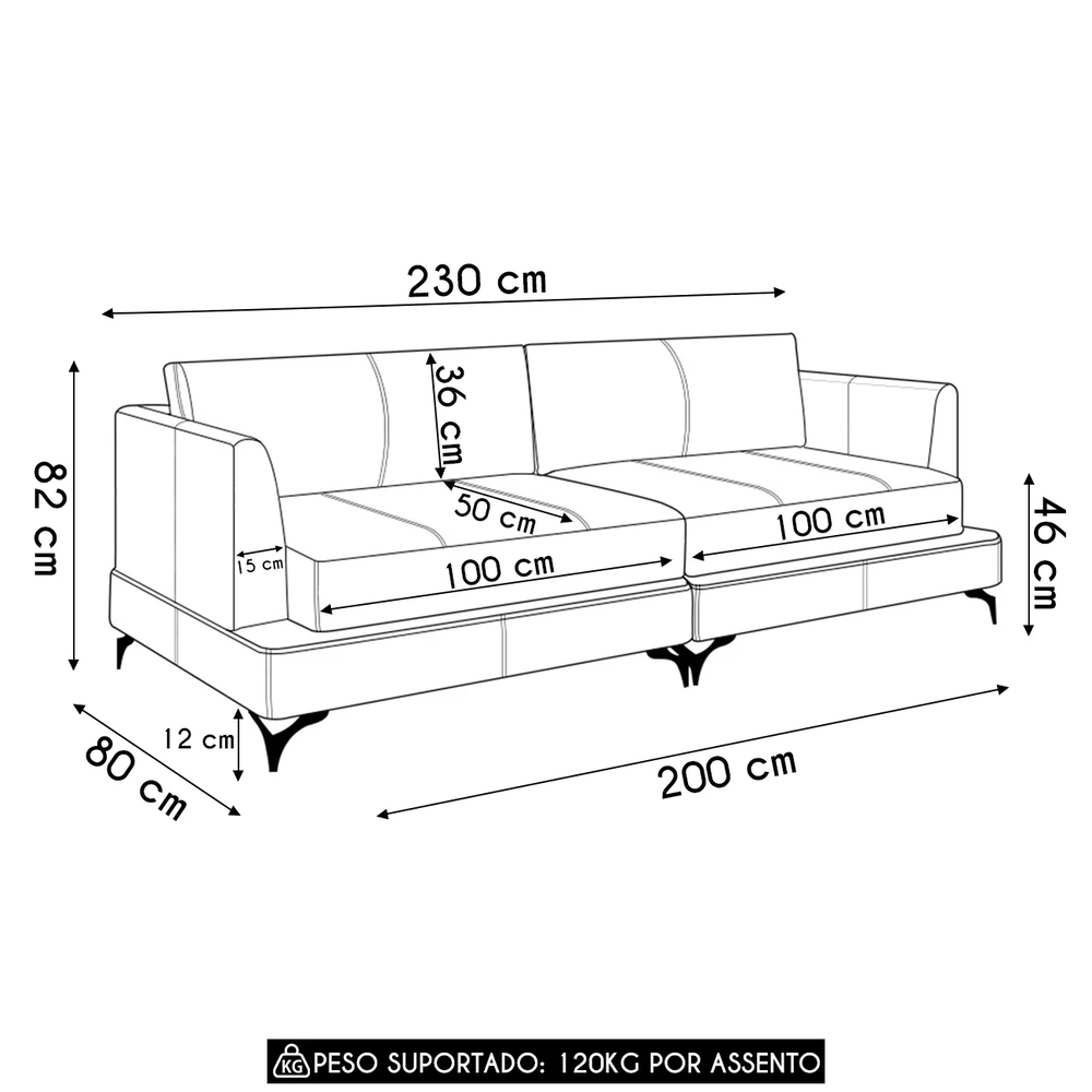 Sofá 3 Lugares Living 230cm Pé Ferro Soren Couro Preto Z55 - Mpozenato