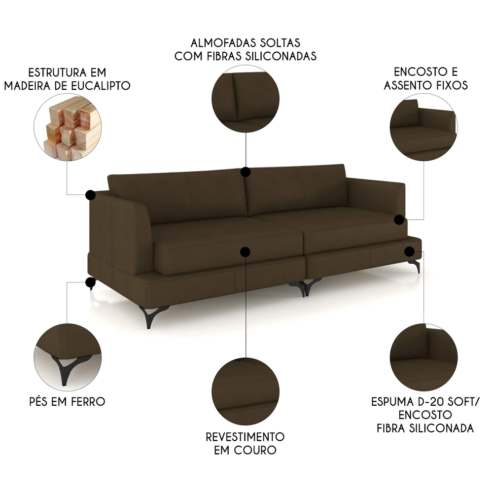 Sofá 4 Lugares Living 270cm Pé Ferro Soren Couro Capuccino Z55 - Mpozenato