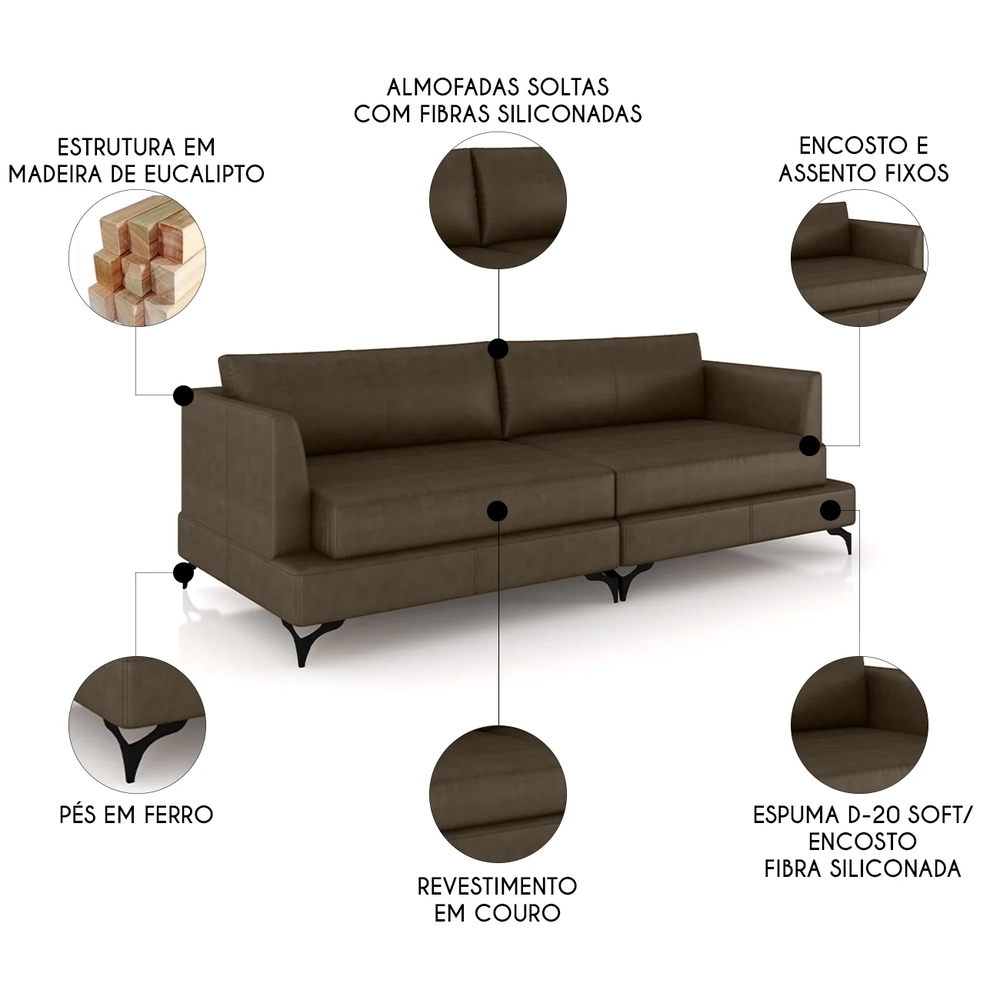 Sofá 3 Lugares Living 250cm Pé Ferro Soren Couro Castanho Z55 - Mpozenato