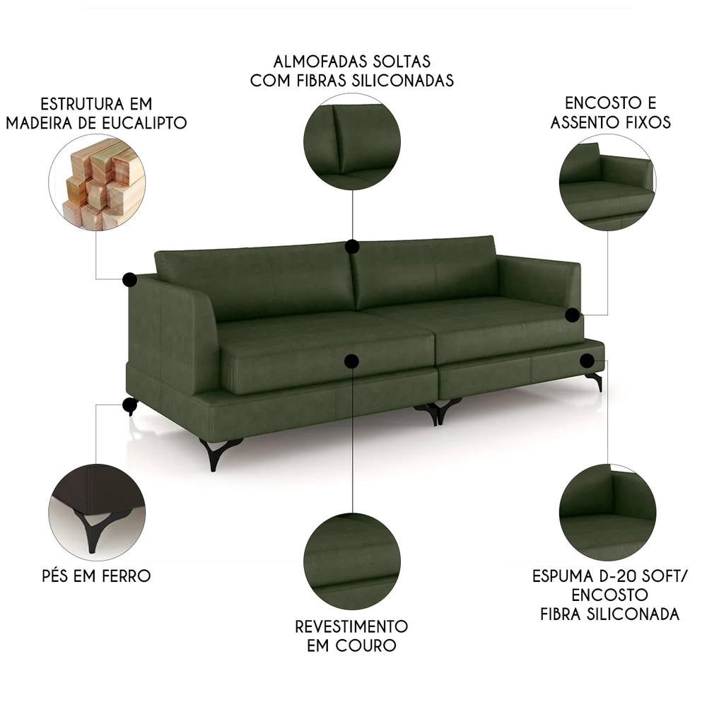 Sofá 3 Lugares Living 250cm Pé Ferro Soren Couro Verde Z55 - Mpozenato