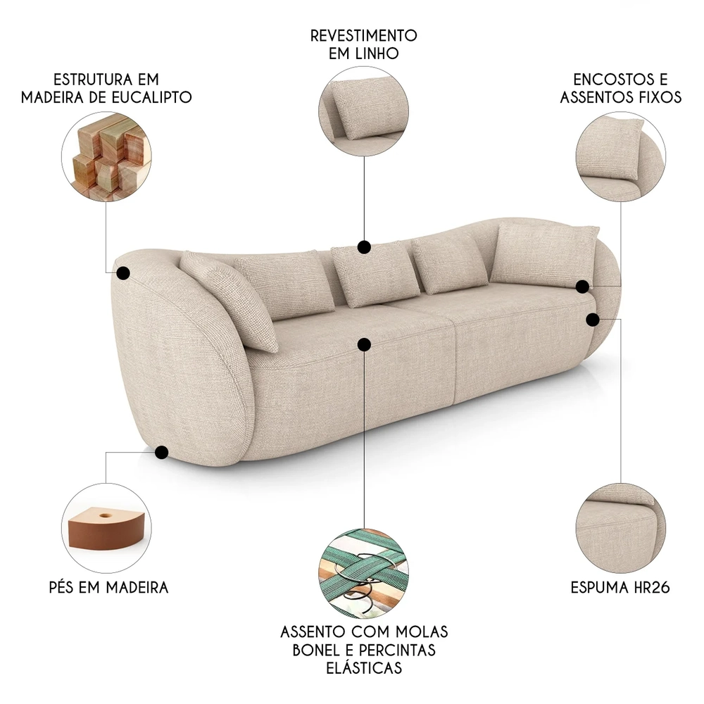 Sofá 3 Lugares 252cm Orgânico Pé Madeira Yume Linho Cru Z55 - Mpozenato