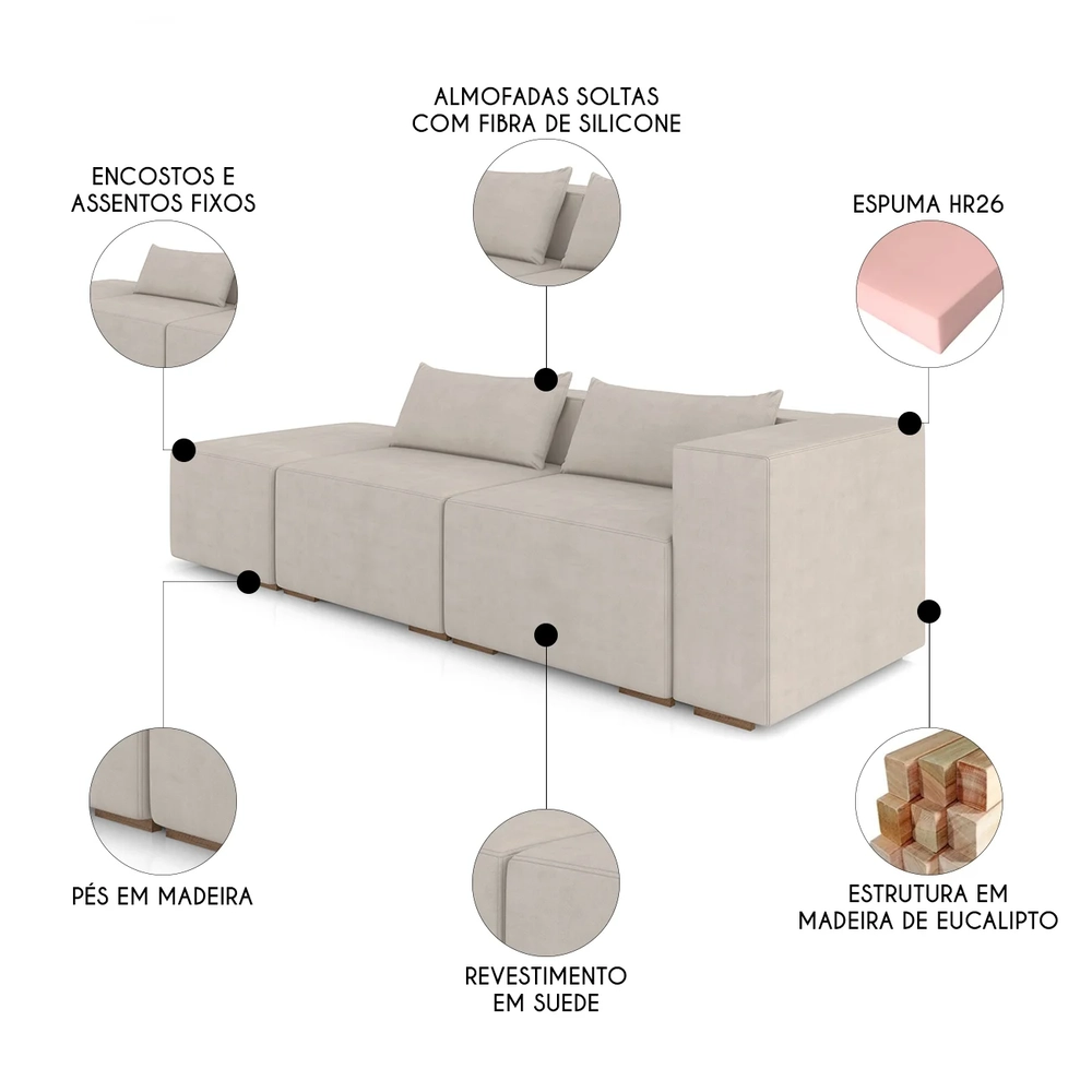 Sofá 5 Lugares 363cm Com Puff Esquerdo Fay Suede Bege Z55   - Mpozenato