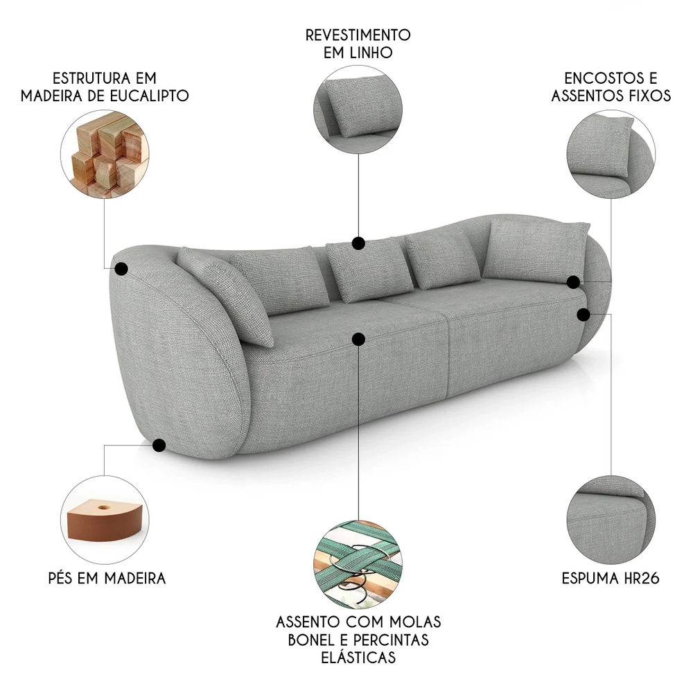 Sofá 3 Lugares 272cm Orgânico Pé Madeira Yume Linho Cinza Z55 - Mpozenato