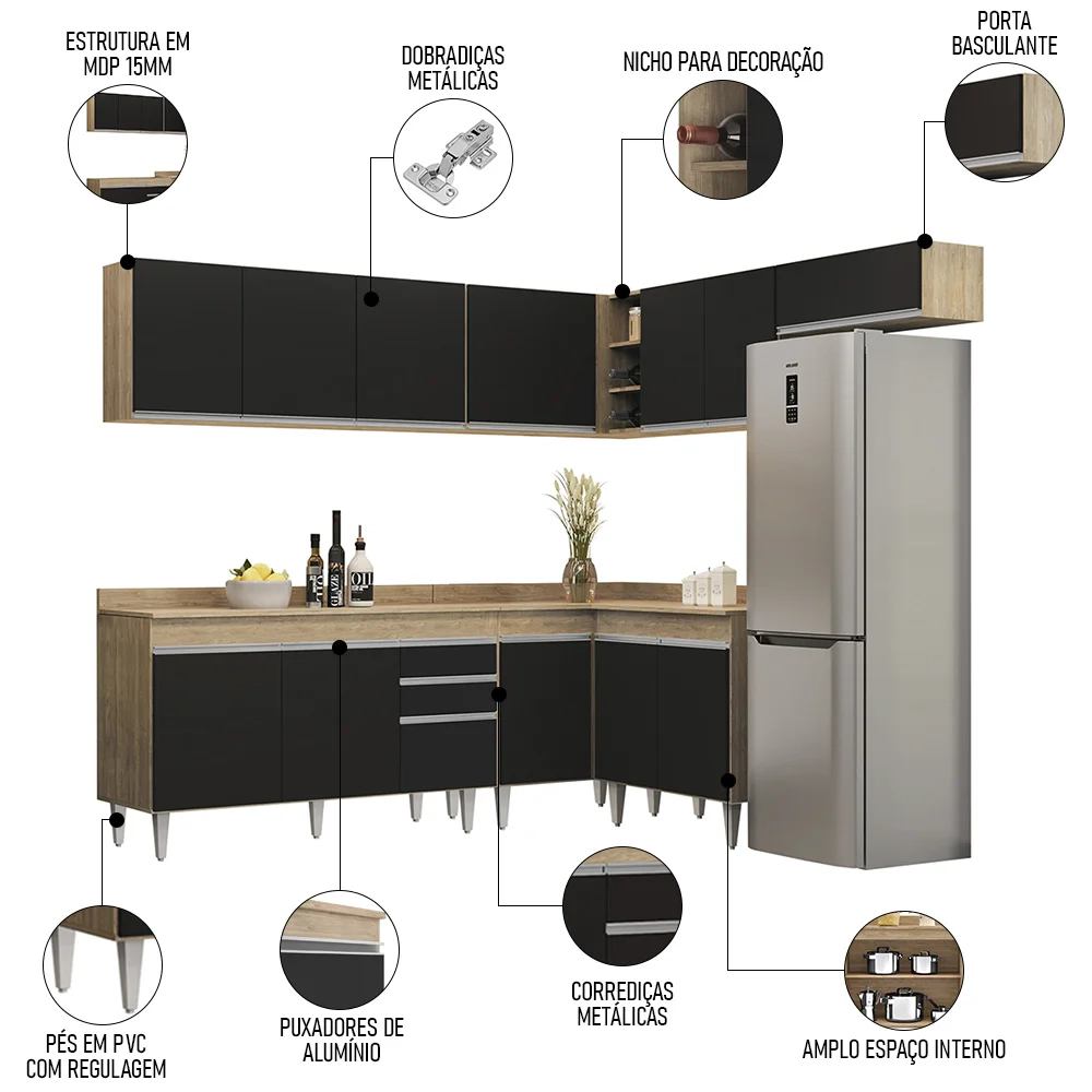 Armário de Cozinha Modulado de Canto 7 Peças CP23 Balcão com Tampo Castanho/Preto - Lumil