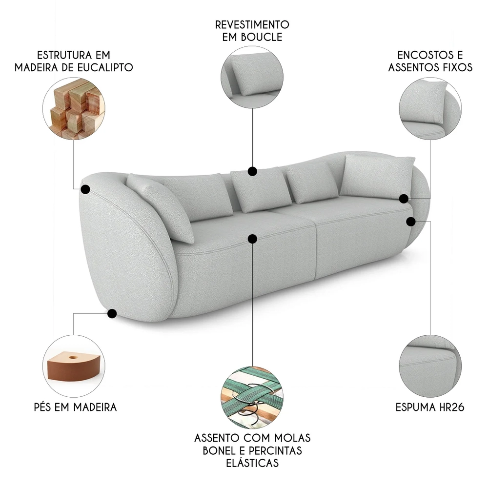 Sofá 4 Lugares 292cm Orgânico Pé Madeira Yume Bouclê Cinza Z55 - Mpozenato
