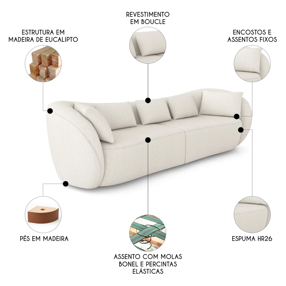 Sofá 2 Lugares 212cm Orgânico Pé Madeira Yume Bouclê Cru Z55 - Mpozenato