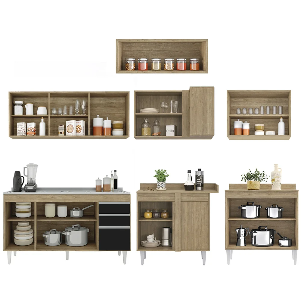 Armário de Cozinha Modulado de Canto 7 Peças CP24 com Pia Inox Castanho/Preto - Lumil