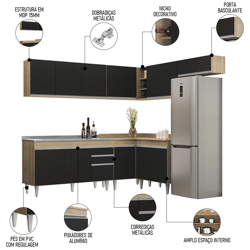 Armário de Cozinha Modulado de Canto 7 Peças CP24 com Pia Inox Castanho/Preto - Lumil