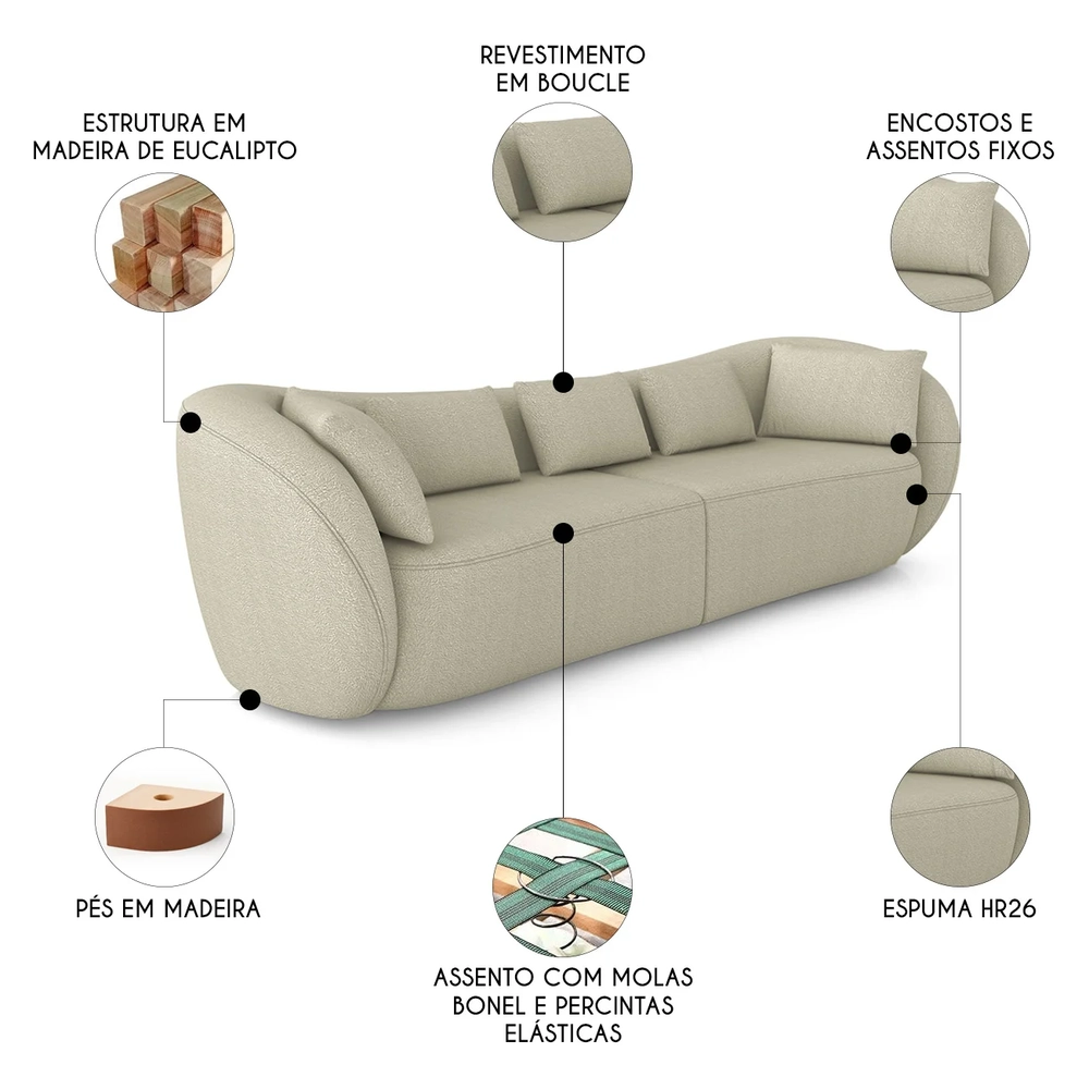 Sofá 3 Lugares 252cm Orgânico Pé Madeira Yume Bouclê Bege Z55 - Mpozenato