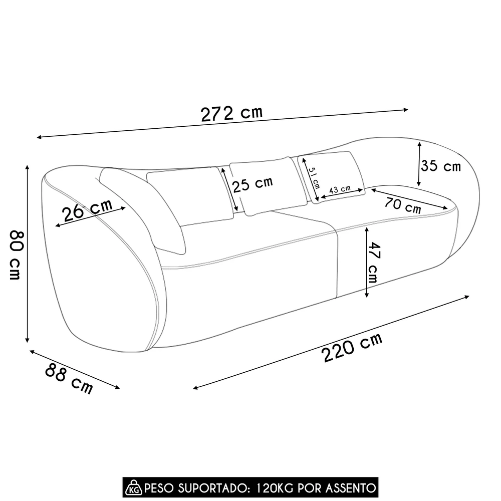 Sofá 3 Lugares 272cm Orgânico Pé Madeira Yume Bouclê Bege Z55 - Mpozenato
