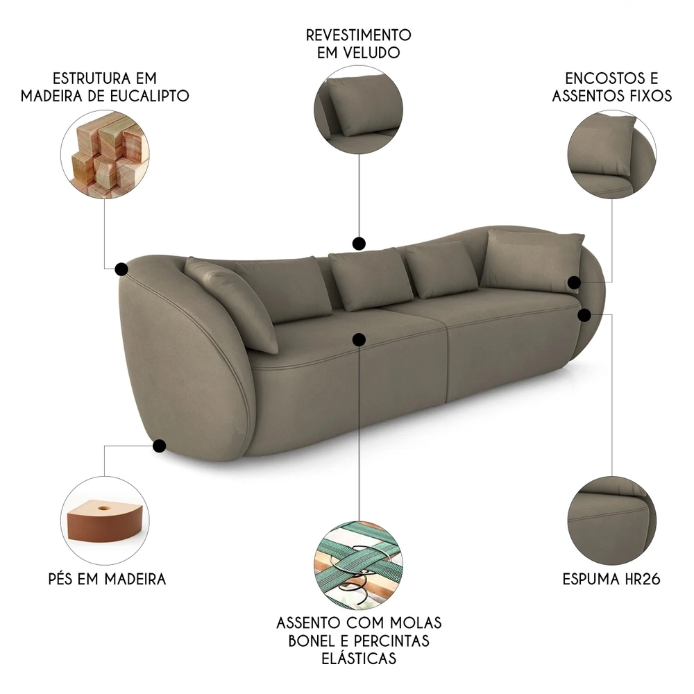 Sofá 4 Lugares 292cm Orgânico Pé Madeira Yume Veludo Marrom Z55 - Mpozenato