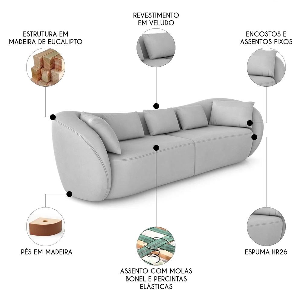 Sofá 4 Lugares 292cm Orgânico Pé Madeira Yume Veludo Cinza Z55 - Mpozenato