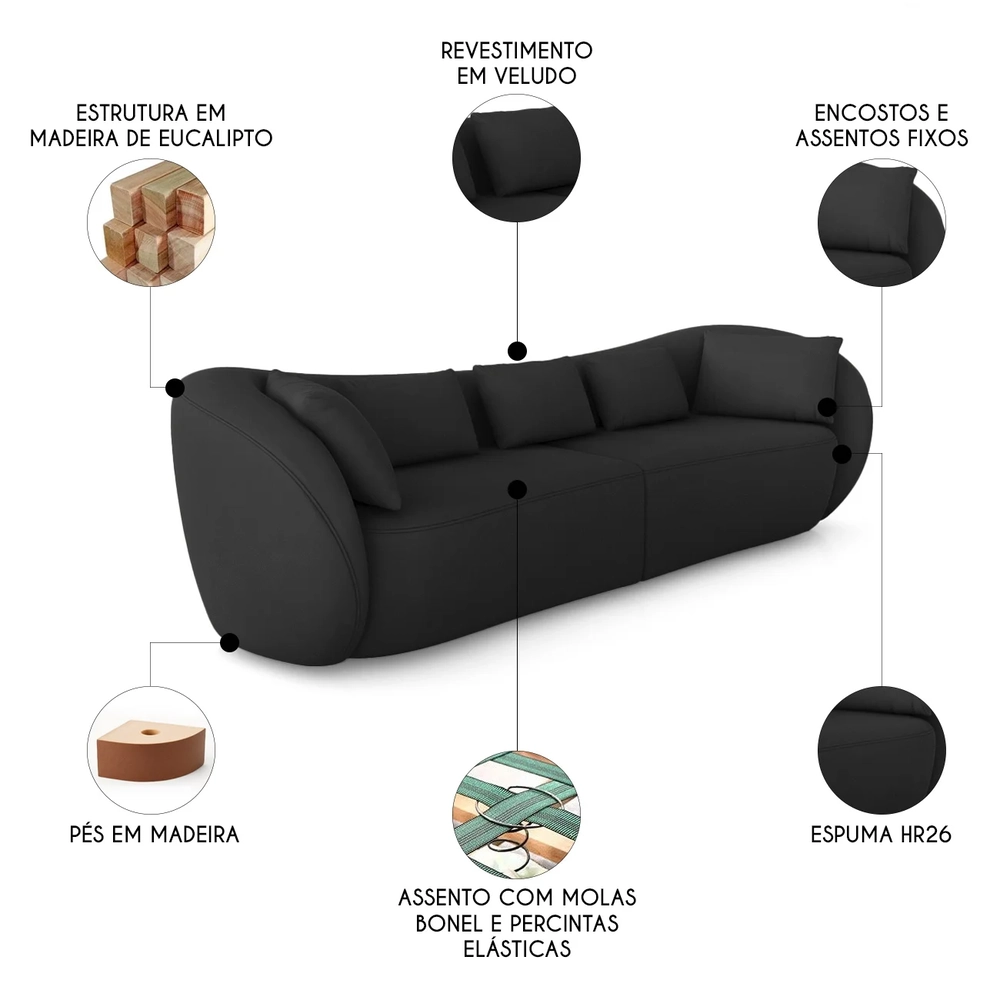 Sofá 3 Lugares 272cm Orgânico Pé Madeira Yume Veludo Preto Z55 - Mpozenato