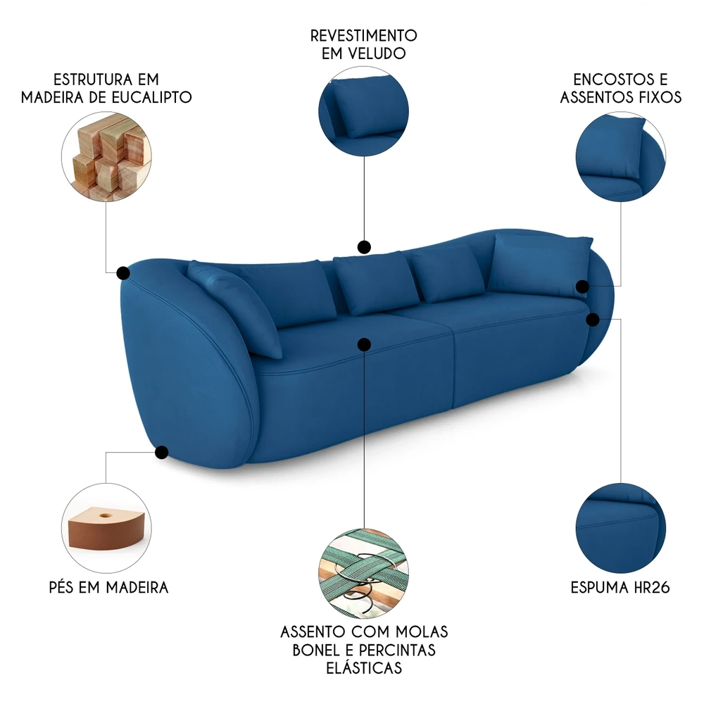 Sofá 3 Lugares 232cm Orgânico Pé Madeira Yume Veludo Azul Z55 - Mpozenato