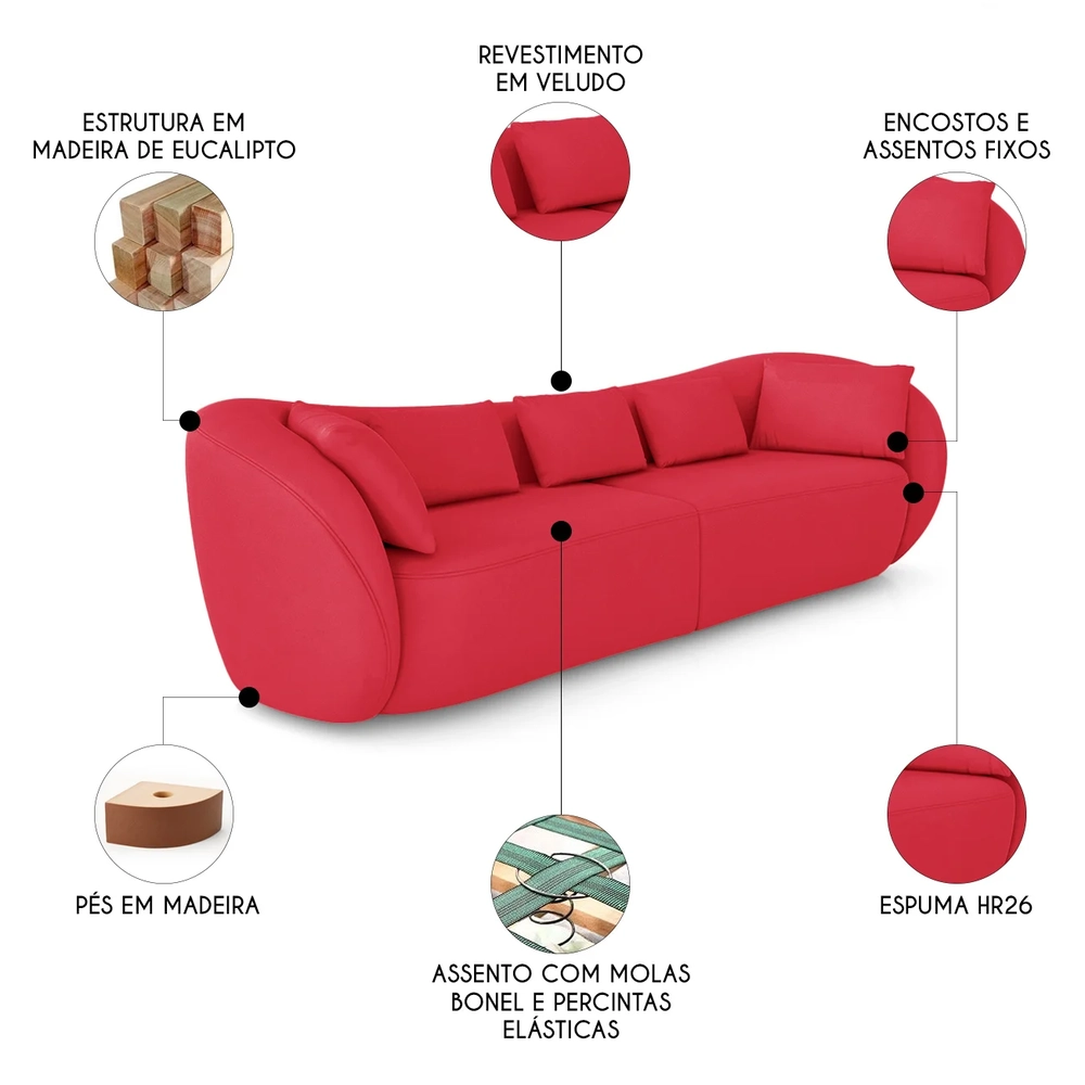 Sofá 2 Lugares 212cm Orgânico Pé Madeira Yume Veludo Vermelho Z55 - Mpozenato