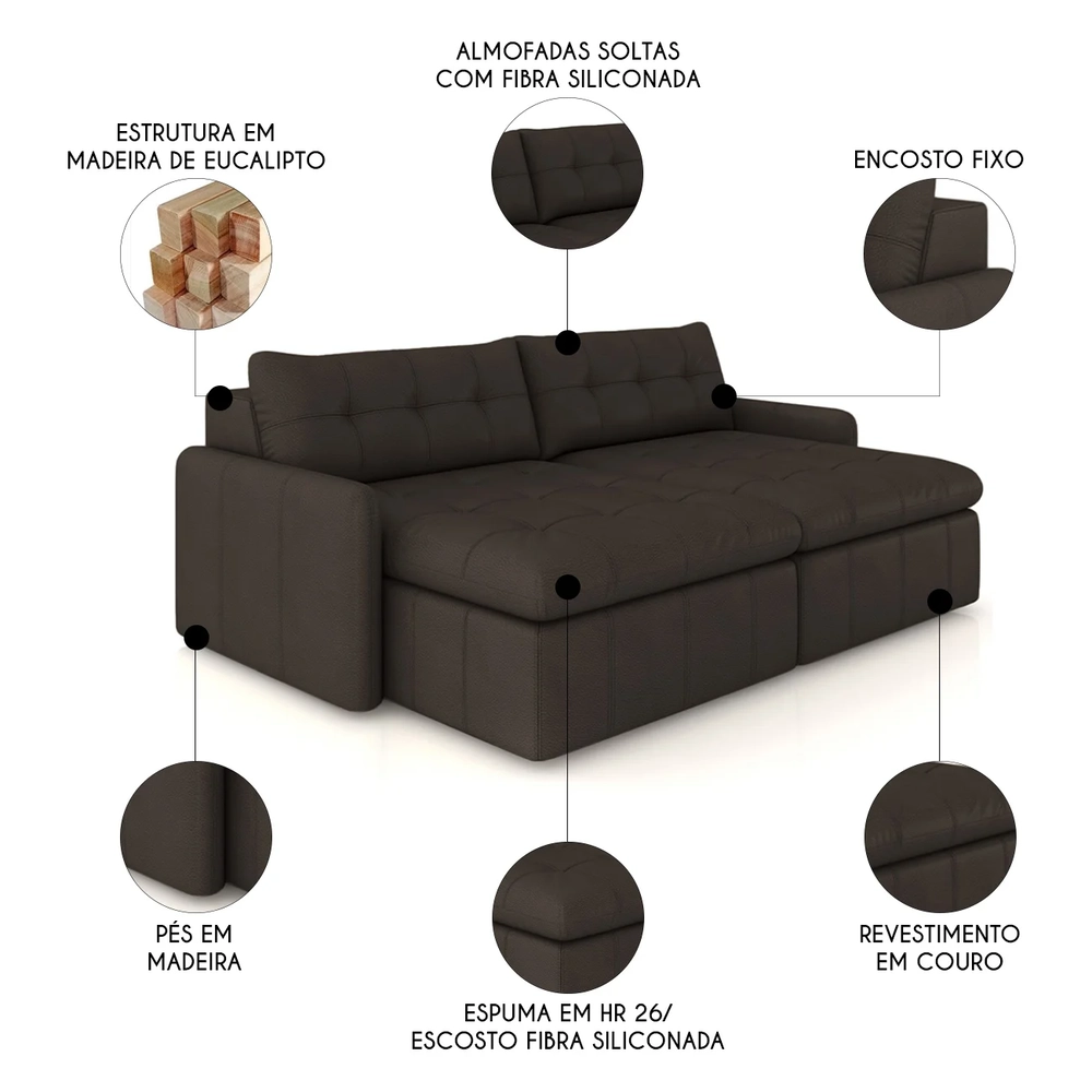 Sofá Retrátil 4 Lugares Para Sala 264cm Elios Couro Marrom Z55 - Mpozenato