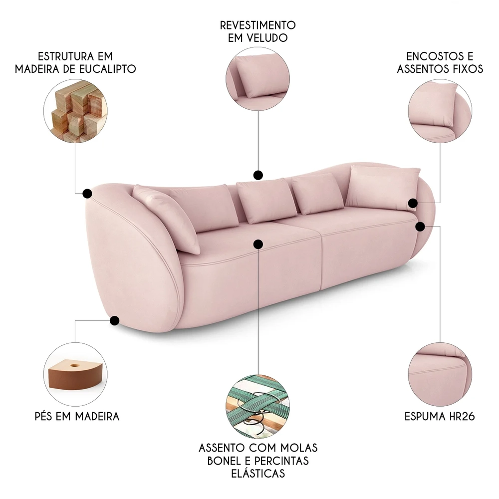 Sofá 4 Lugares 292cm Orgânico Pé Madeira Yume Veludo Rose Z55 - Mpozenato