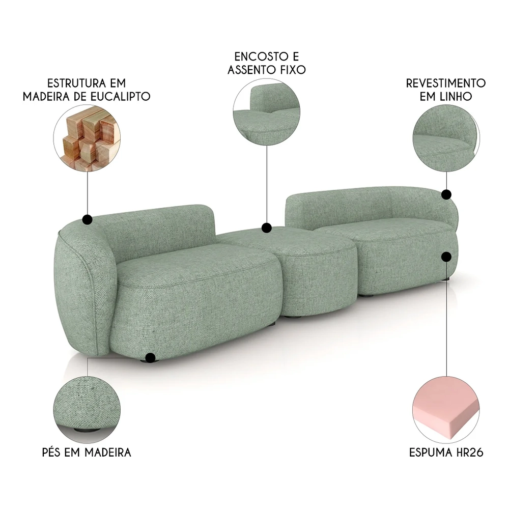 Sofá 4 Lugares Com Puff 302cm Orgânico Lyor Linho Verde Z55 - Mpozenato