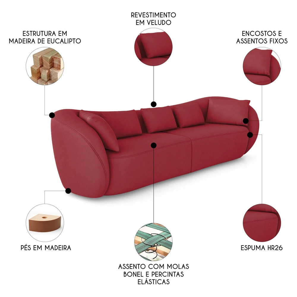 Sofá 3 Lugares 232cm Orgânico Pé Madeira Yume Veludo Bordo Z55 - Mpozenato