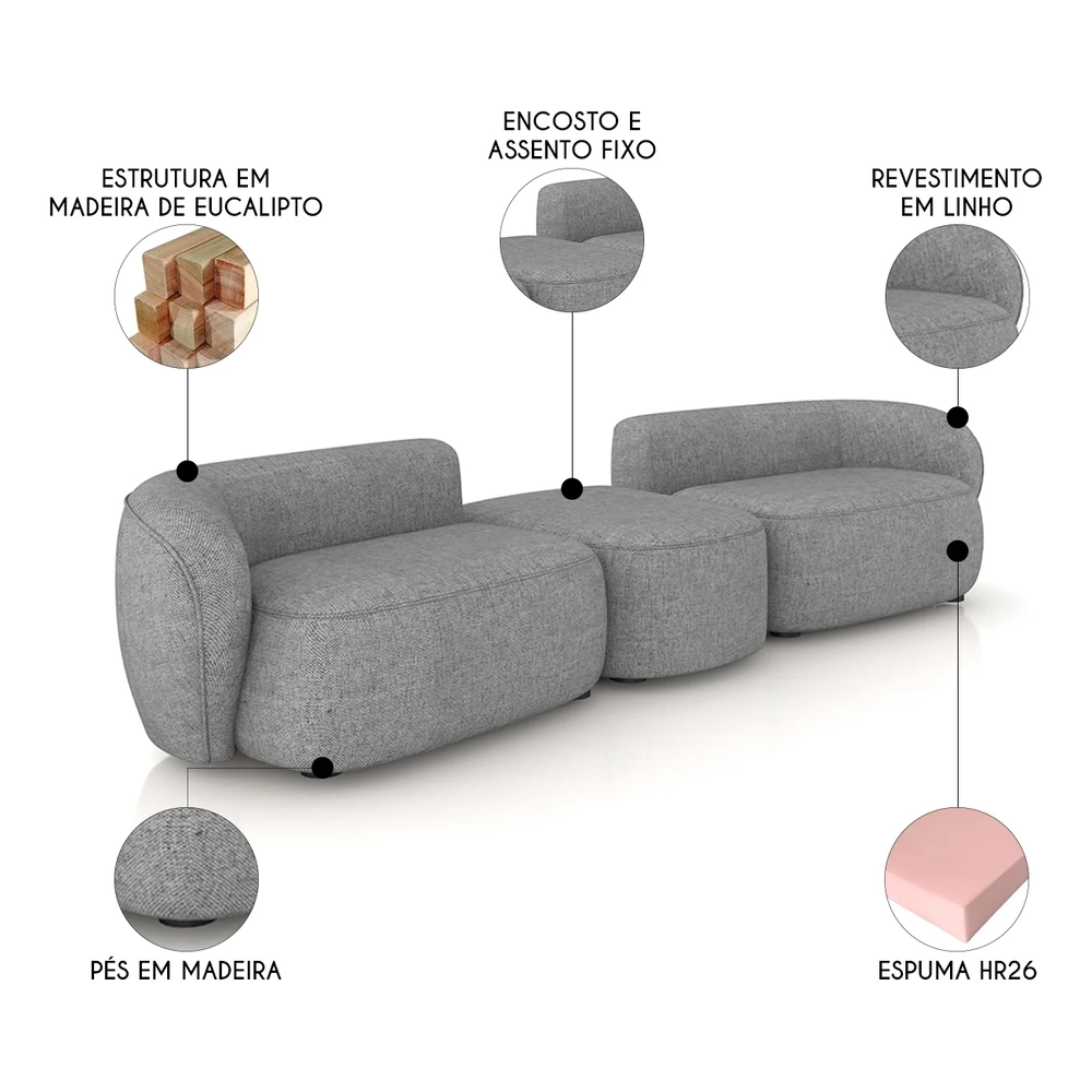 Sofá 4 Lugares Com Puff 322cm Orgânico Lyor Linho Cinza Z55 - Mpozenato