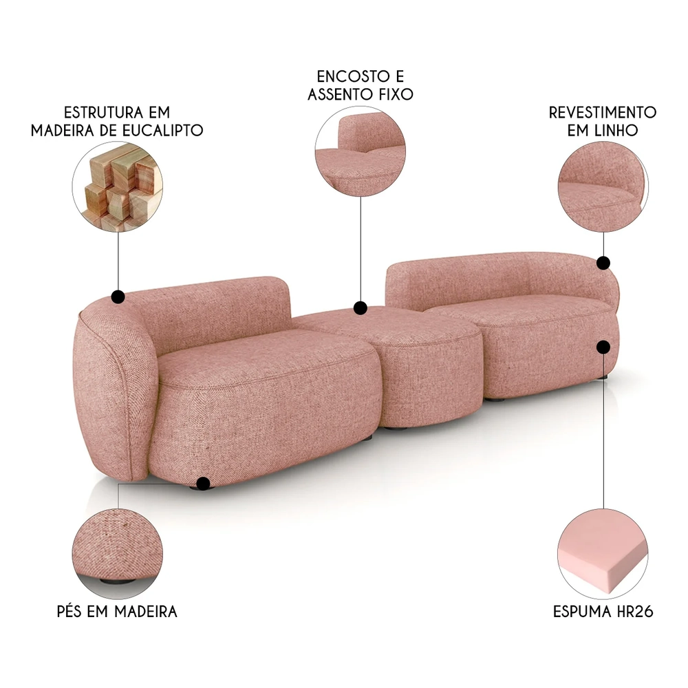 Sofá 5 Lugares Com Puff 382cm Orgânico Lyor Linho Salmão Z55 - Mpozenato