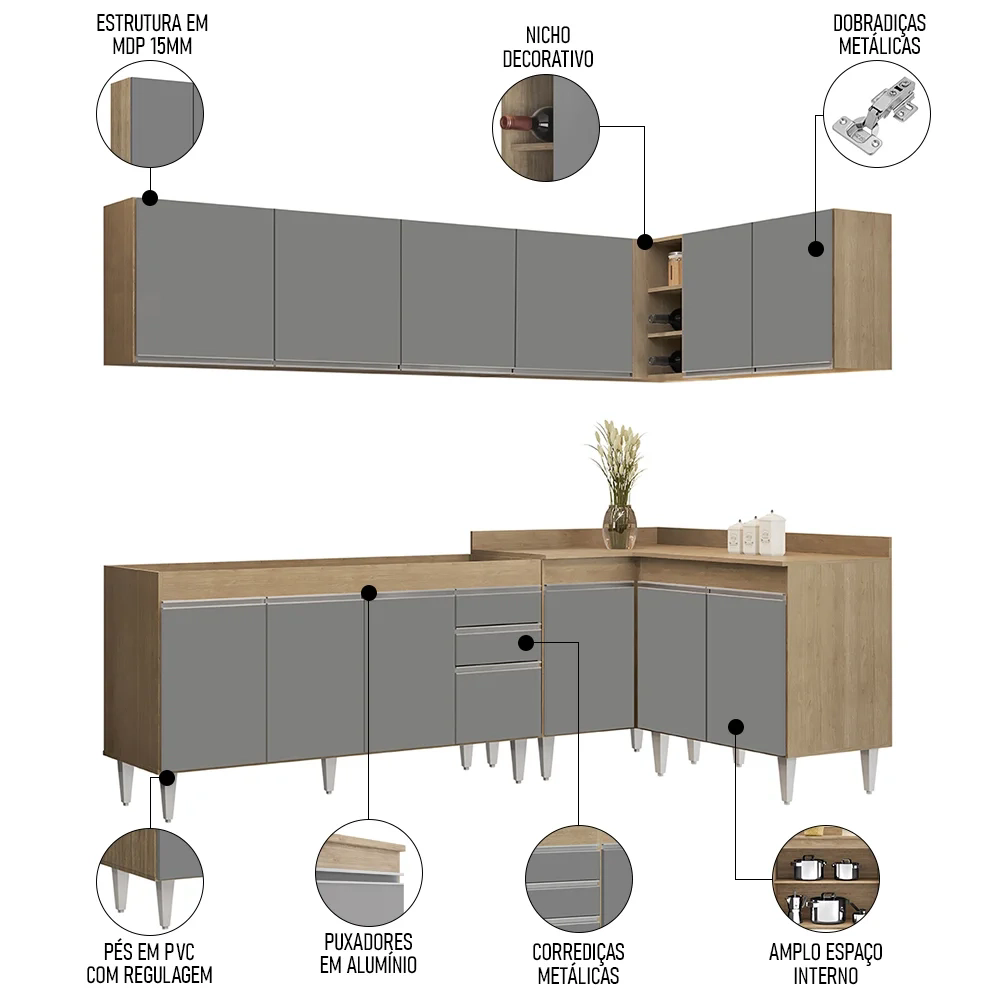 Armário de Cozinha Modulado de Canto 6 Peças CP31 Balcão sem Tampo Castanho/Cinza - Lumil