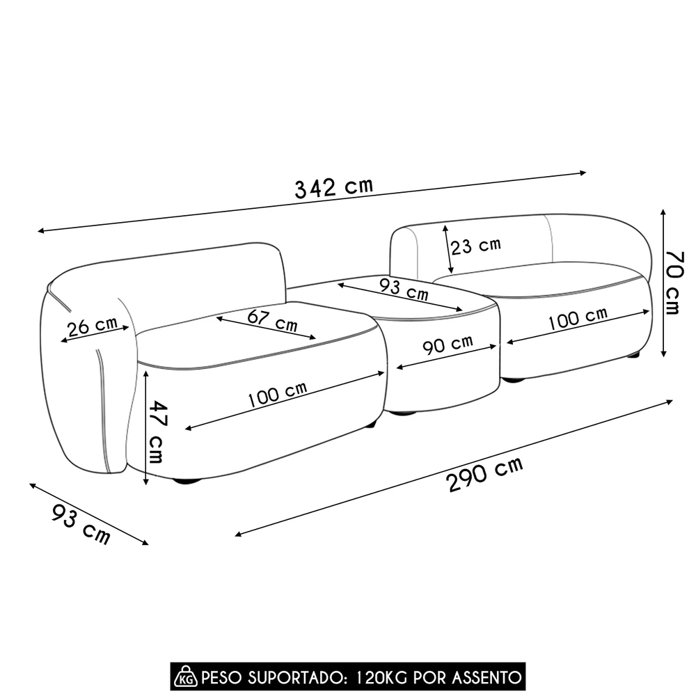 Sofá 5 Lugares Com Puff 342cm Orgânico Lyor Bouclê Cinza Z55 - Mpozenato