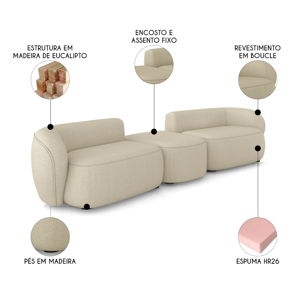 Sofá 5 Lugares Com Puff 342cm Orgânico Lyor Bouclê Bege Z55 - Mpozenato
