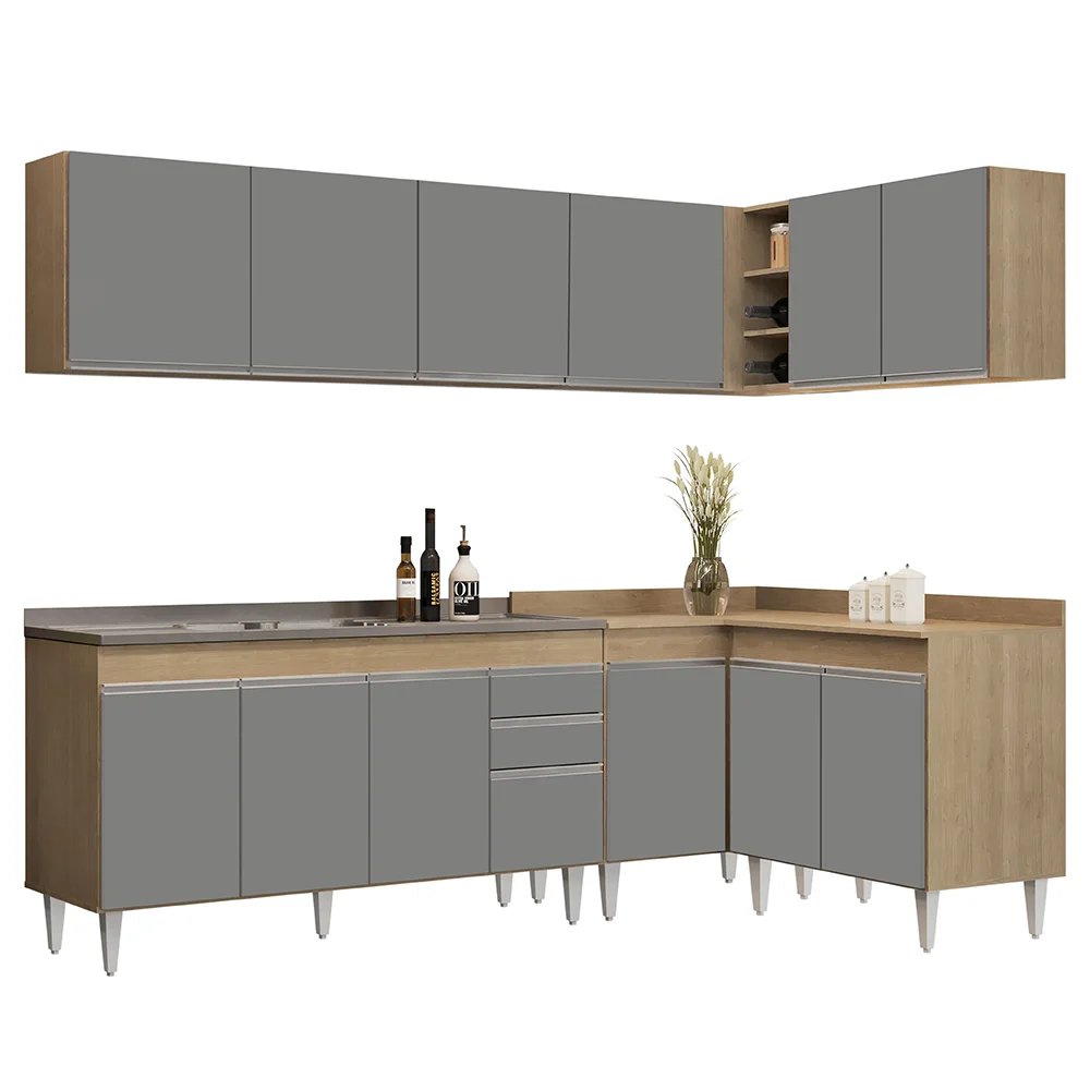 Armário de Cozinha Modulado de Canto 6 Peças CP33 com Pia Inox Castanho/Cinza - Lumil