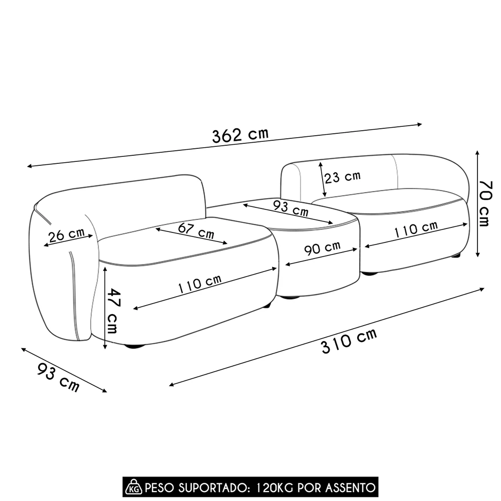 Sofá 5 Lugares Com Puff 362cm Orgânico Lyor Bouclê Bege Z55 - Mpozenato