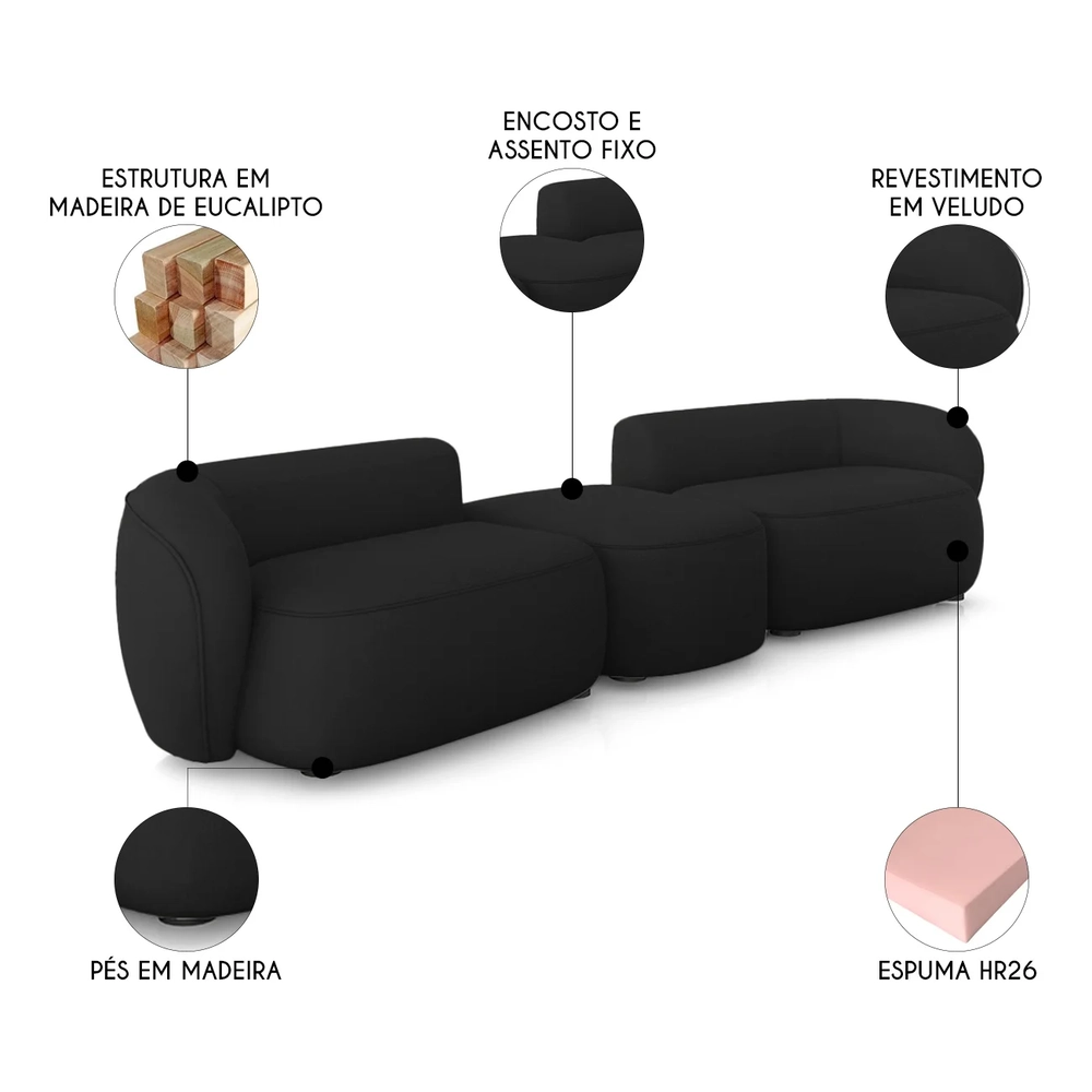 Sofá 4 Lugares Com Puff 302cm Orgânico Lyor Veludo Preto Z55 - Mpozenato