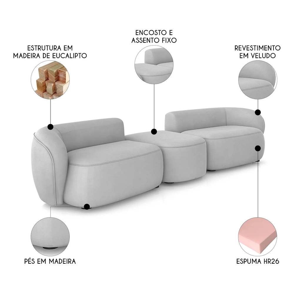 Sofá 5 Lugares Com Puff 362cm Orgânico Lyor Veludo Cinza Z55 - Mpozenato
